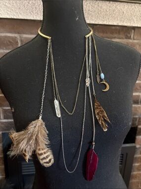 Vintage Layered Feather & Charm Necklace - Burgundy, Brown & Gold